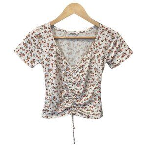 Pie In The Sky Women Small Cropped Cinched Tie Front SS Top Floral Junior Teen